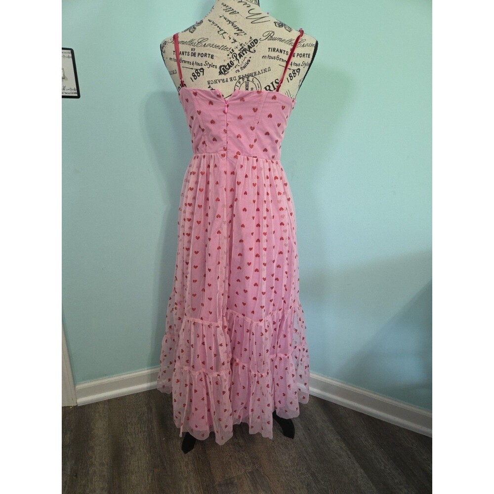 Betsey Johnson Dress Pink 8 NWT Red Glitter Heart Tulle Mesh Midi - Picture 2 of 5